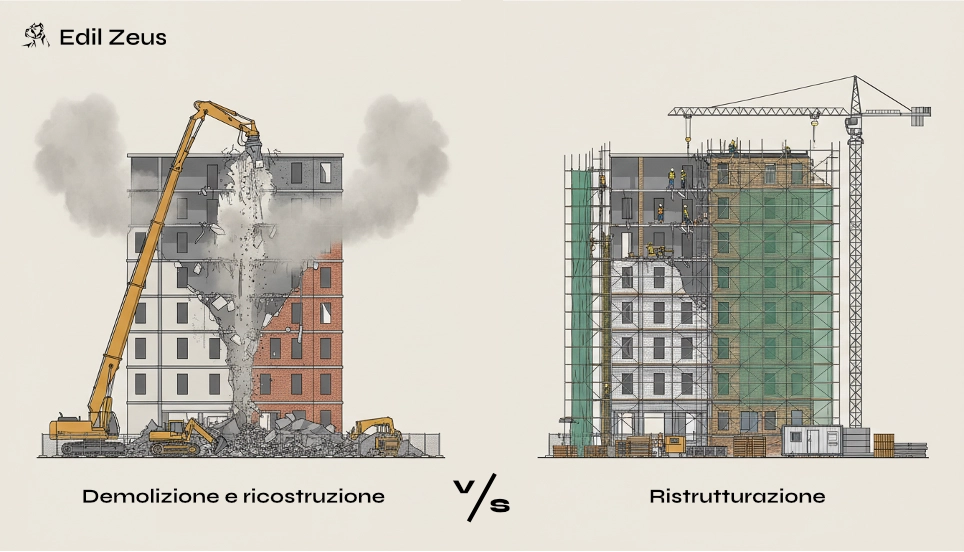 Grafica che rappresenta il confronto tra demolizione e ricostruzione vs. ristrutturazione