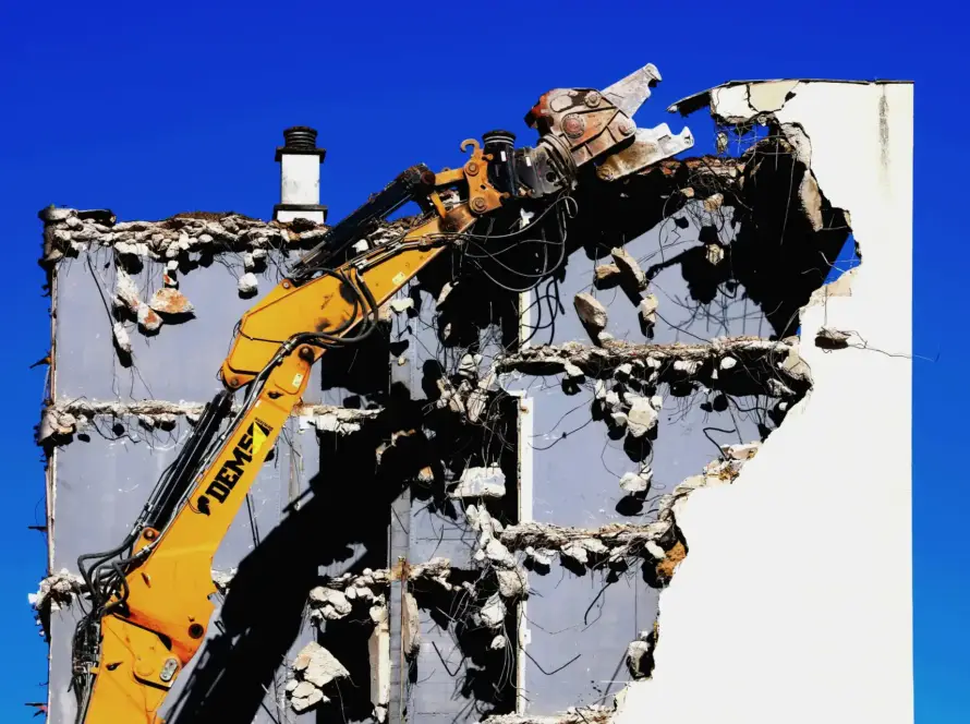 Escavatore da demolizione al lavoro su un edificio in parte abbattuto, con macerie e calcinacci